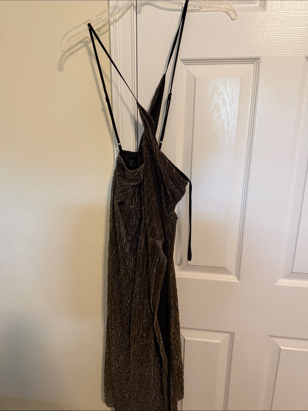 J.O.A. Metallic Black and Gold Midi Slip Dress with Thin Straps